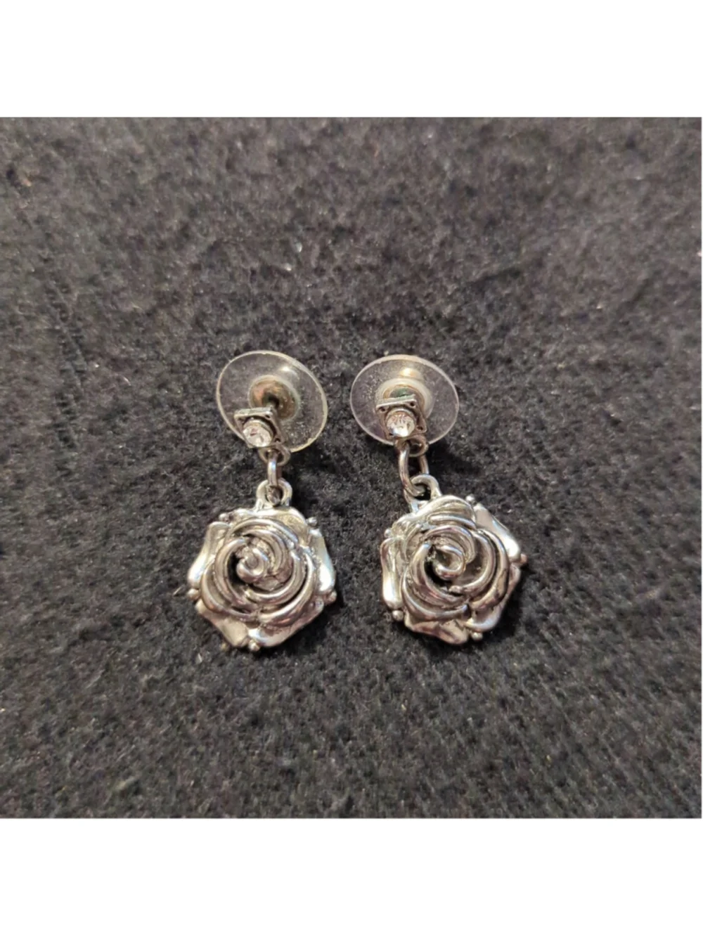 Silver Tone Clear Rhinestone Rose Flower Dainty Delicate Drop Statement Earrings